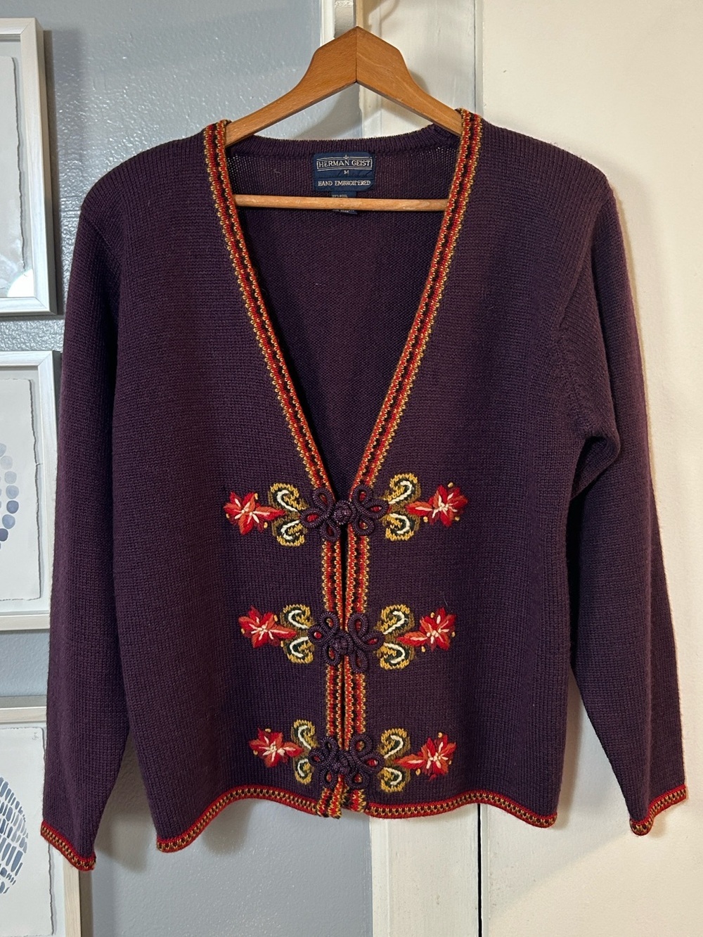 Vintage Wool Hand Embroidered Plum Women's Cardigan Sweater by Herman Geist Sz M